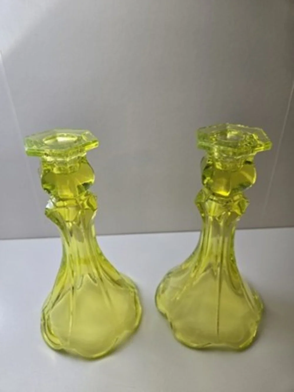 Vaseline Uranium Glass Candlestick Pair 